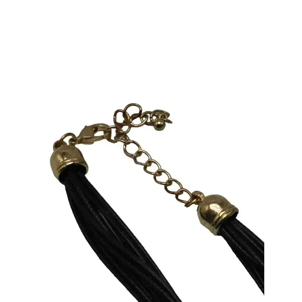 Multi Leather Cords Draping Tassel Statement Necklace Adjustable Gold Tone VTG